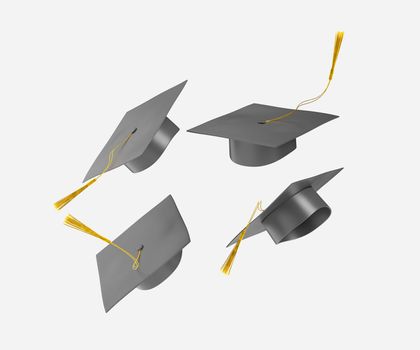 3d illustration of thrown graduation hats during celebration of conferring academic degree or diploma on white background