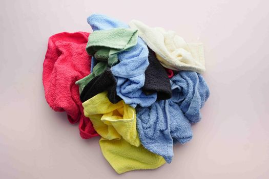 Close up of stack of shower towel on table.,