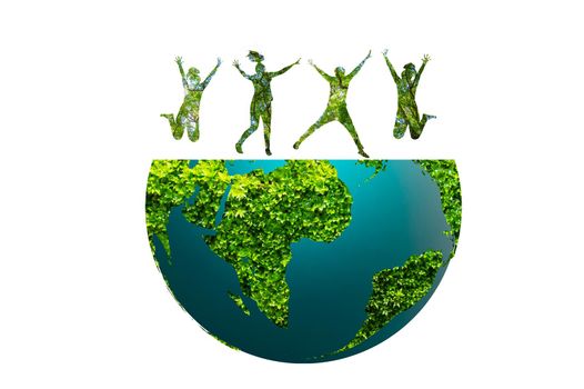 silhouette of a group of people jumping concept of conservation of the earth and the environment