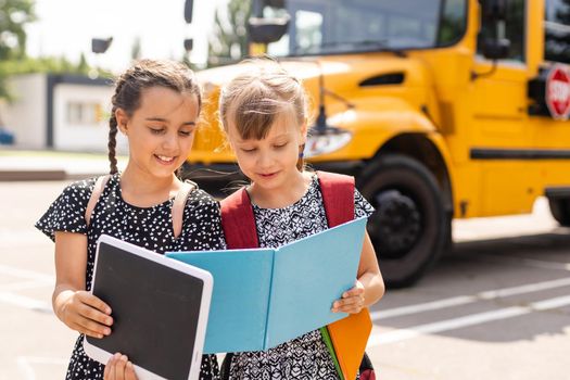 Happy Schoolgirls outdoor. Back to School.