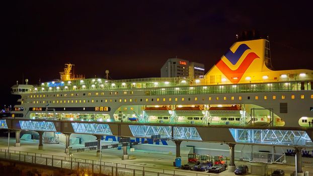 Stockholm, Sweden - November 3, 2018: The Tallink ship Viktoria I in Vartahamnen port in Stockholm, the capital of Sweden. Waiting for departure to Tallin