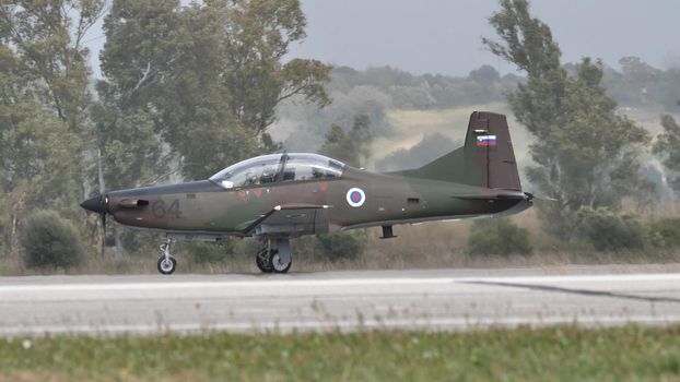 Andravida Greece APRIL, 1, 2022 Pilatus PC-9 small turboprop military training airplane of Slovenian Air Force