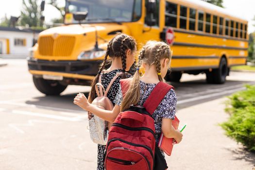 Happy Schoolgirls outdoor. Back to School.