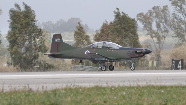 Andravida Greece APRIL, 1, 2022 Pilatus PC-9 small turboprop military training airplane of Slovenian Air Force