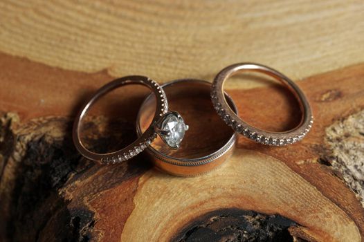 White Gold and Diamond Wedding and Engagement Rings Arranged on Rustic Wood Tree Slice. High quality photo