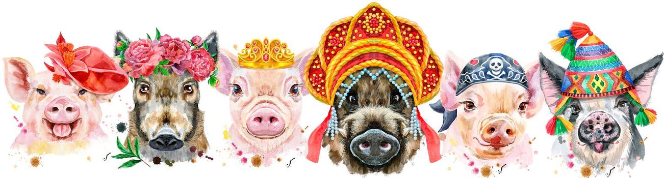 Cute border from watercolor portraits of pigs.