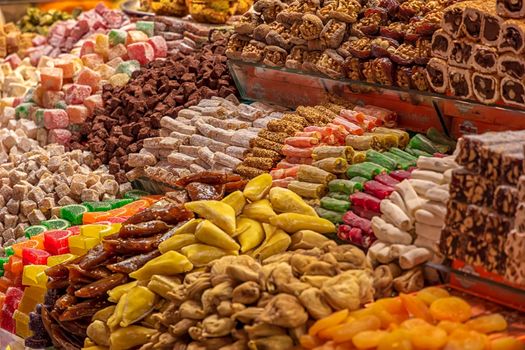 Many different sweets in the market. Horizontal view