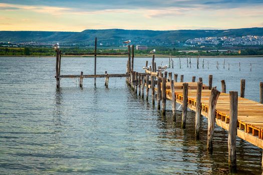 Exciting sunset at the shore with a wooden pier and sitting gulls.