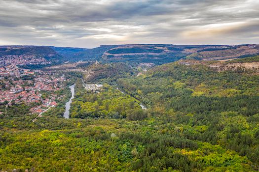 Scenic aerial view from drone of the big curve of the river near city, Yantra and Veliko Tarnovo, Bulgaria