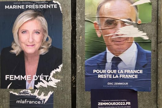 PARIS, FRANCE - APRIL 06, 2022 : The banners with candidates for President elections