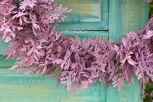 Full Frame Close up of Lavender Purple Cedar Garland on Shabby Chic Turquoise Vintage Door. High quality photo
