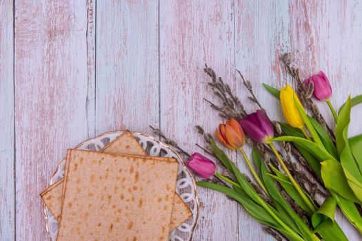 Traditional Pesach celebration Jewish holiday of kosher matzah unleavened bread for the ceremony ritual blessings on Passover