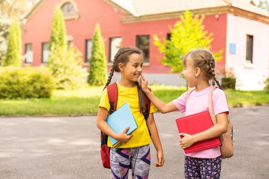 Happy life. Happy smiling friends. Have fun. Happy kids relaxing outdoors. Joyful friends. Sisterhood and friendship. Cheerful schoolgirls on sunny day