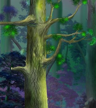 Tree trunk in a pine forest. Digital Painting Background, Illustration.