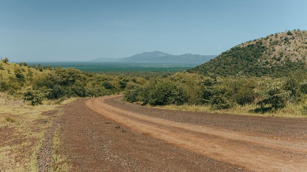 View of very beautiful landscape with dirty road to Mago National Park, Omo Valley, region Southern Nations, Africa nature and wilderness