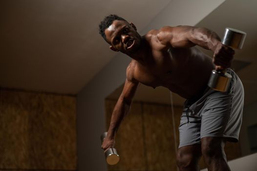 Attractive african american man doing arm exercises with dumbbells