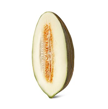 Half of a delicious, mellow, green tendral melon in a cross-section, isolated on white background with copy space for text or images. Sweet flesh with seeds. Pumpkin plant family. Side view. Close-up shot.