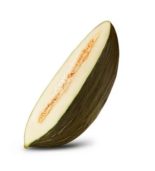 Half of a palatable, mellow, green tendral melon in a cross-section, isolated on white background with copy space for text or images. Sweet flesh with seeds. Pumpkin plant family. Side view. Close-up shot.