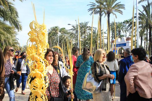 Elche, Alicante, Spain- April 10, 2022: People with white palms for the Palm Sunday of the Holy Week of Elche