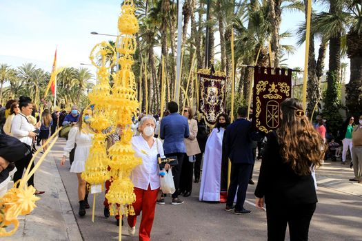 Elche, Alicante, Spain- April 10, 2022: People with white palms for the Palm Sunday of the Holy Week of Elche