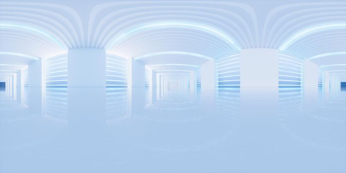 Empty white tunnel, 3d rendering. 360-degree seamless panoramic view. Computer digital drawing.