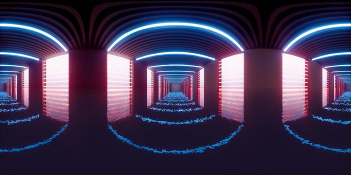 Dark tunnel, futuristic concept, 3d rendering. 360-degree seamless panoramic view. Computer digital drawing.