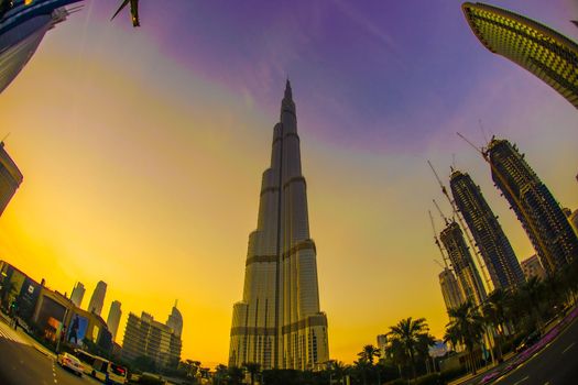 Dubai building and morning ray. Shooting Location: Dubai