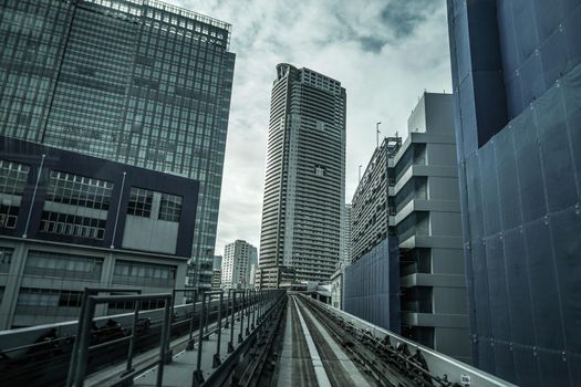 Yurikamome Tokyo Rinkai Shishi Transportation Building of Tokyo seen from Wire. Shooting Location: Tokyo metropolitan area