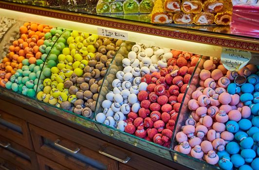 Traditional turkish delights sweets at the Grand Bazaar in Istanbul, Turkey