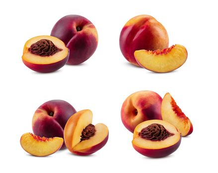 Set of smooth-skinned whole nectarines and parts with kernels and without them isolated on white background with copy space for text or images. Variety of peach. Side view. Close-up shot.