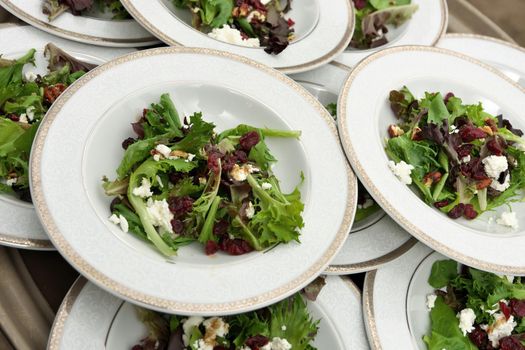 Full Frame Image of Fresh Mixed Greens Garden Salads with Balsamic Vinaigrette Dried Cranberries Walnuts and Feta Cheese stacked on serving tray from high angle. High quality photo