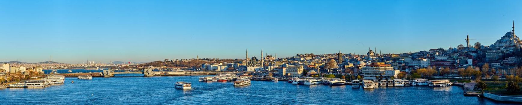 Istanbul, Turkey - 1 April, 2017: Panorama of Cityscape of Golden horn with ancient and modern buildings.