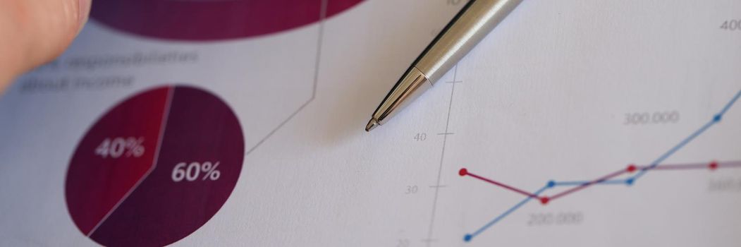 Man putting ballpoint pen and documents with charts in leather bag closeup. Remote business meeting concept