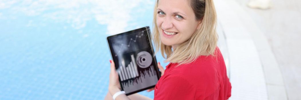 Young woman sitting on side of pool and holding digital tablet with charts in her hands. Remote business work concept