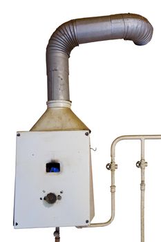 Old dirty soviet gas water heater isolated on white background