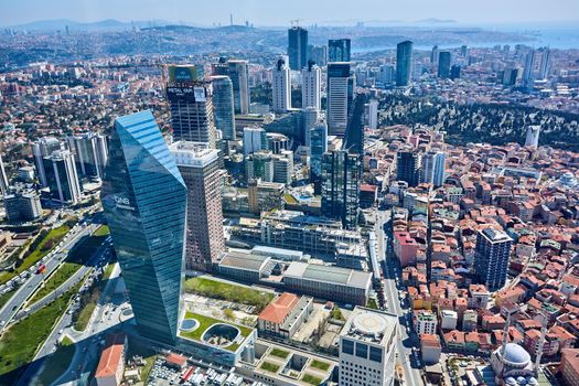 Istanbul, Turkey - 3 April, 2017: Arial view the Levent Business District. Retro style. Shooting through glass