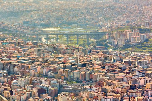 Urban landscape of European side of Istanbul. Shooting through the glass. Retro style