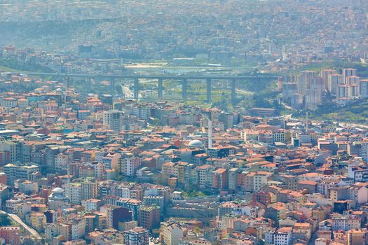 Urban landscape of European side of Istanbul. Shooting through the glass. Retro style