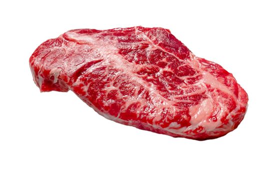 A Top Blade steak made of marbled beef lies on a white background. Isolated