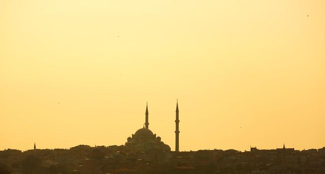 Silhouette of a mosque on a background of mountains. Background.