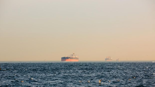 Large cargo container ship passing through Bosphorus, Istanbul, Turkey