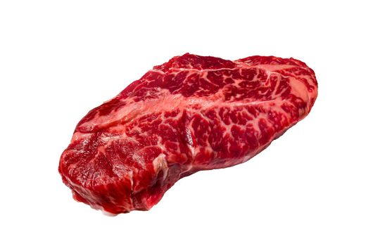 A Top Blade steak made of marbled beef lies on a white background. Isolated