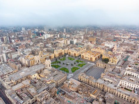 Aerial view of Lima main square, government palace of Peru and cathedral church. Historic center of capital of Peru