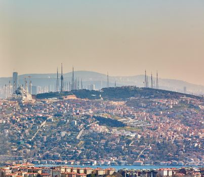 Asian part of Istanbul, the Uskudar shore, the aerial view. Shooting through the glass. Retro style