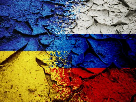 Russia vs Ukraine national flags pattern on grungy dry cracking earth, military conflict in Ukraine concept