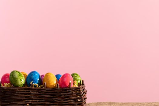 Colorful hen eggs painted for decoration for upcoming Easter. Old Polish tradition of decorating and painting eggs.