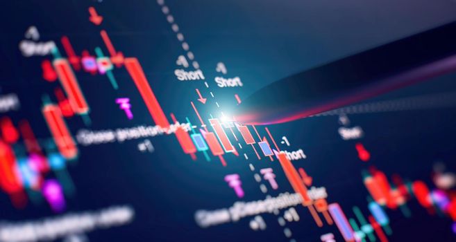 Financial chart with pen, stock analysis data for business background on digital screen. Graphs of the growth of the financial market forex. trading candlestick chart