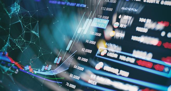 Digital graph interface over dark blue background. Concept of stock market and financial success.