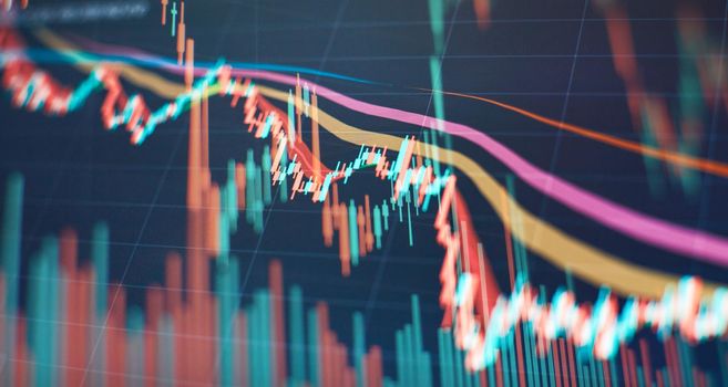 Financial instruments with various type of indicators including volume analysis for professional technical analysis