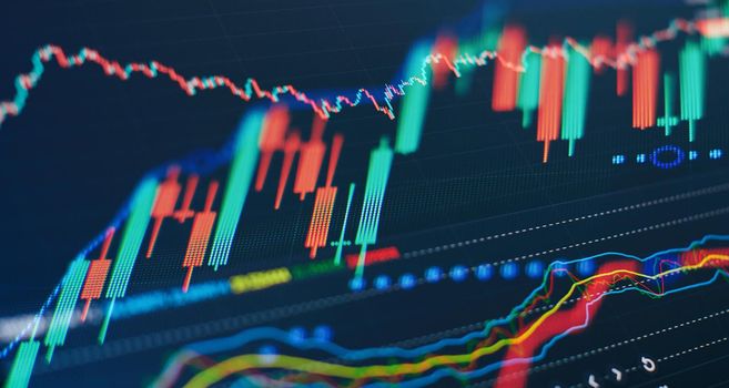 Technical price graph and indicator, red and green candlestick chart on blue theme screen, market volatility, up and down trend. Stock trading, crypto currency background.